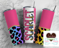 Colorful Pink Leopard Personalized 20 oz insulated tumbler with lid and straw - Sew Lucky Embroidery