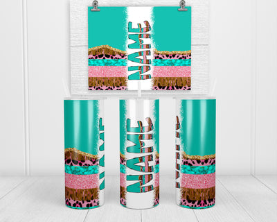 Teal Boho with Pink Glitter Personalized 20oz Insulated Tumbler with Lid and Straw