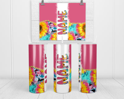 Pink Colorful Sunflower and Cow Print Personalized 20oz Insulated Tumbler with Lid and Straw