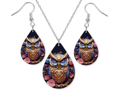 3D Blue and Gold Owl Earrings and Necklace Set