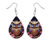 3D Blue and Gold Owl Earrings and Necklace Set - Sew Lucky Embroidery