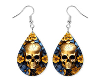 3D Blue & Gold Skull Earrings and Necklace Set - Sew Lucky Embroidery
