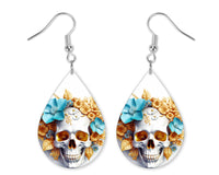 3D Gold & Blue Floral Skull Set Earrings and Necklace Set - Sew Lucky Embroidery