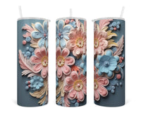 3D Blue and Pink Mixed Pastel Flowers 20 oz insulated tumbler with lid and straw - Sew Lucky Embroidery
