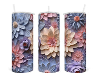 3D Blue and Pink Tones Floral  20 oz insulated tumbler with lid and straw - Sew Lucky Embroidery