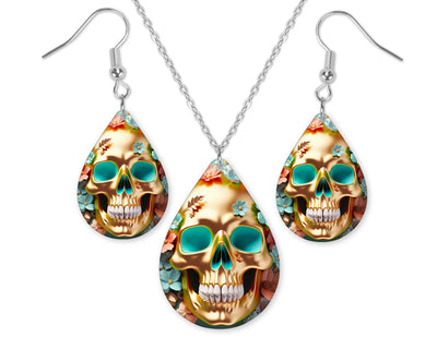 3D Golden Green Skull Earrings and Necklace Set