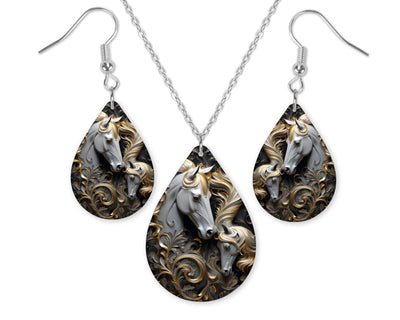 3D Golden Horses Earrings and Necklace Set