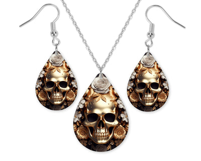 3D Golden Skull Earrings and Necklace Set