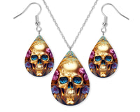 3D Golden Floral Skull Earrings and Necklace Set - Sew Lucky Embroidery