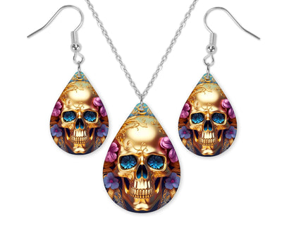 3D Golden Floral Skull Earrings and Necklace Set