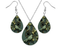 3D Green Bird Earrings and Necklace Set - Sew Lucky Embroidery
