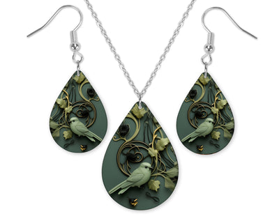 3D Green Bird Earrings and Necklace Set