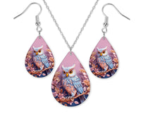 3D Lavender and Blue Owl Earrings and Necklace Set - Sew Lucky Embroidery