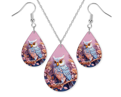 3D Lavender and Blue Owl Earrings and Necklace Set