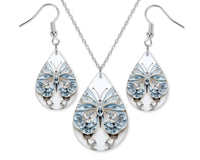 3D Light Blue Butterfly Earrings and Necklace Set - Sew Lucky Embroidery