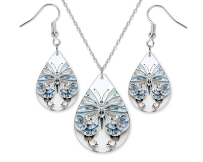 3D Light Blue Butterfly Earrings and Necklace Set