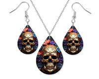 3D Metallic Skull with Flowers Earrings and Necklace Set - Sew Lucky Embroidery