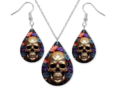 3D Metallic Skull with Flowers Earrings and Necklace Set