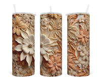 3D Natural Tones Floral 20 oz insulated tumbler with lid and straw - Sew Lucky Embroidery