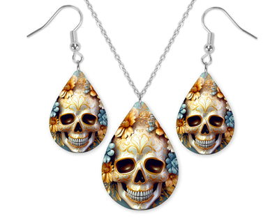 3D Orange Skull Earrings and Necklace Set