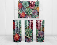 3D Pastel Succulents 20 oz insulated tumbler with lid and straw - Sew Lucky Embroidery