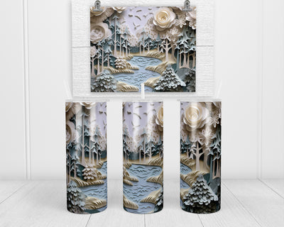 3D White Forest 20 oz insulated tumbler with lid and straw