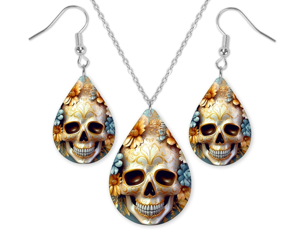 3D Orange Skull Earrings and Necklace Set - Sew Lucky Embroidery