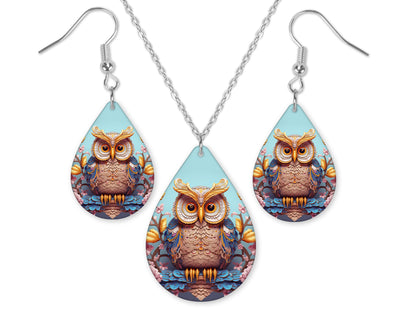 3D Gold Floral Owl Earrings and Necklace Set