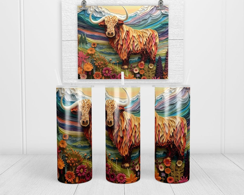 3D Highland Cow 20 oz insulated tumbler with lid and straw - Sew Lucky Embroidery