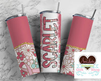 Breast Cancer Floral Personalized 20oz Insulated Tumbler with Lid and Straw - Sew Lucky Embroidery
