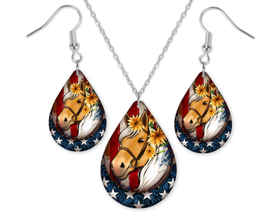 American Sunflower Horse Teardrop Earrings and Necklace Set