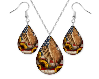 American Sunflower Wolves Teardrop Earrings and Necklace Set