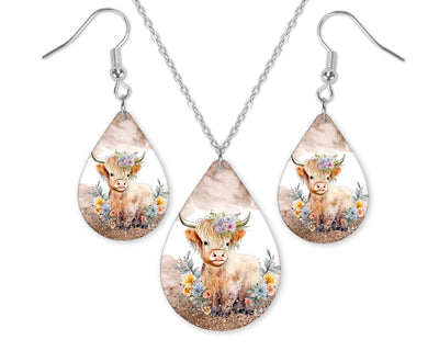 Baby Highland Cow Earrings and Necklace Set