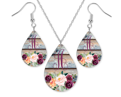 Barn Wood with Flowers Monogram Earrings and Necklace Set