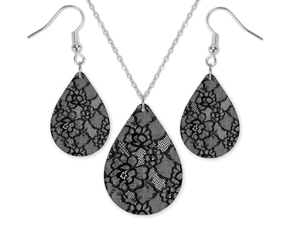 Black Lace Teardrop Earrings and Necklace Set