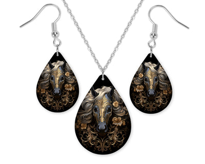Black and Gold Horse Earrings and Necklace Set