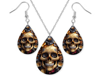 3D Black & Gold Skull Floral Earrings and Necklace Set - Sew Lucky Embroidery
