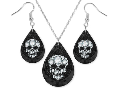 Black or Maroon Diamond Skull Teardrop Earrings and Necklace Set