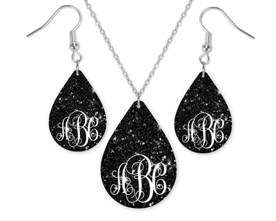 Black Glitter Monogrammed Teardrop Earrings and Necklace Set