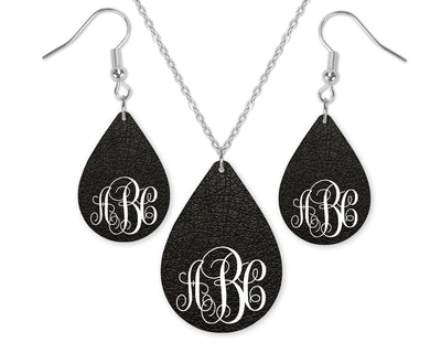 Black Leather Design Monogrammed Teardrop Earrings and Necklace Set