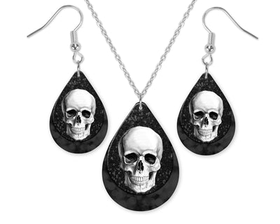 Black Skull Teardrop Earrings and Necklace Set