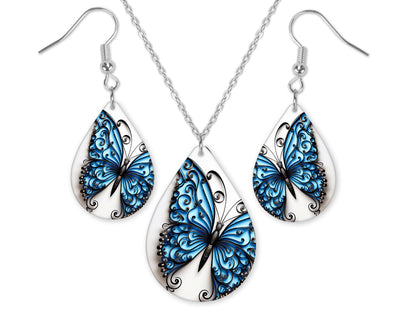 Blue Butterfly with Swirls Earrings and Necklace Set
