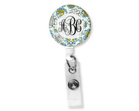 Blue and Green Floral Monogram Badge Reel - Sew Lucky Embroidery