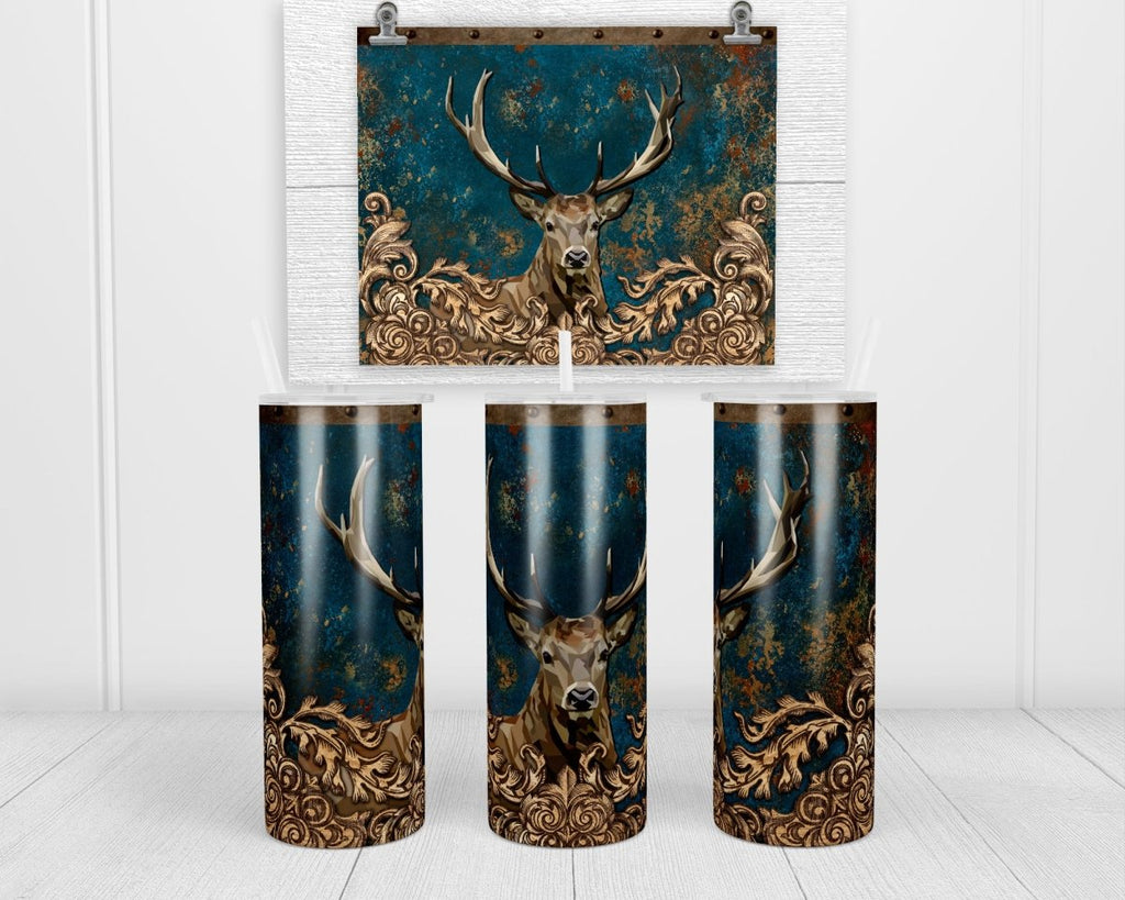 Blue Leather Deer 20 oz insulated tumbler with lid and straw - Sew Lucky Embroidery