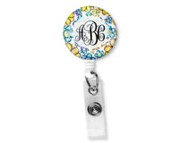 Blue and Yellow Floral Floral Monogram Badge Reel - Sew Lucky Embroidery