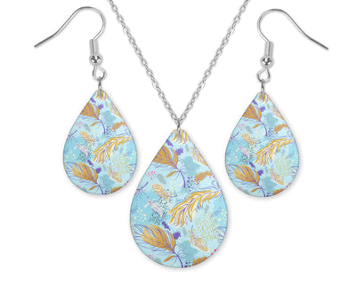 Blue Feathers Teardrop Earrings and Necklace Set