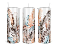 Boho Feathers 20 oz insulated tumbler with lid and straw - Sew Lucky Embroidery