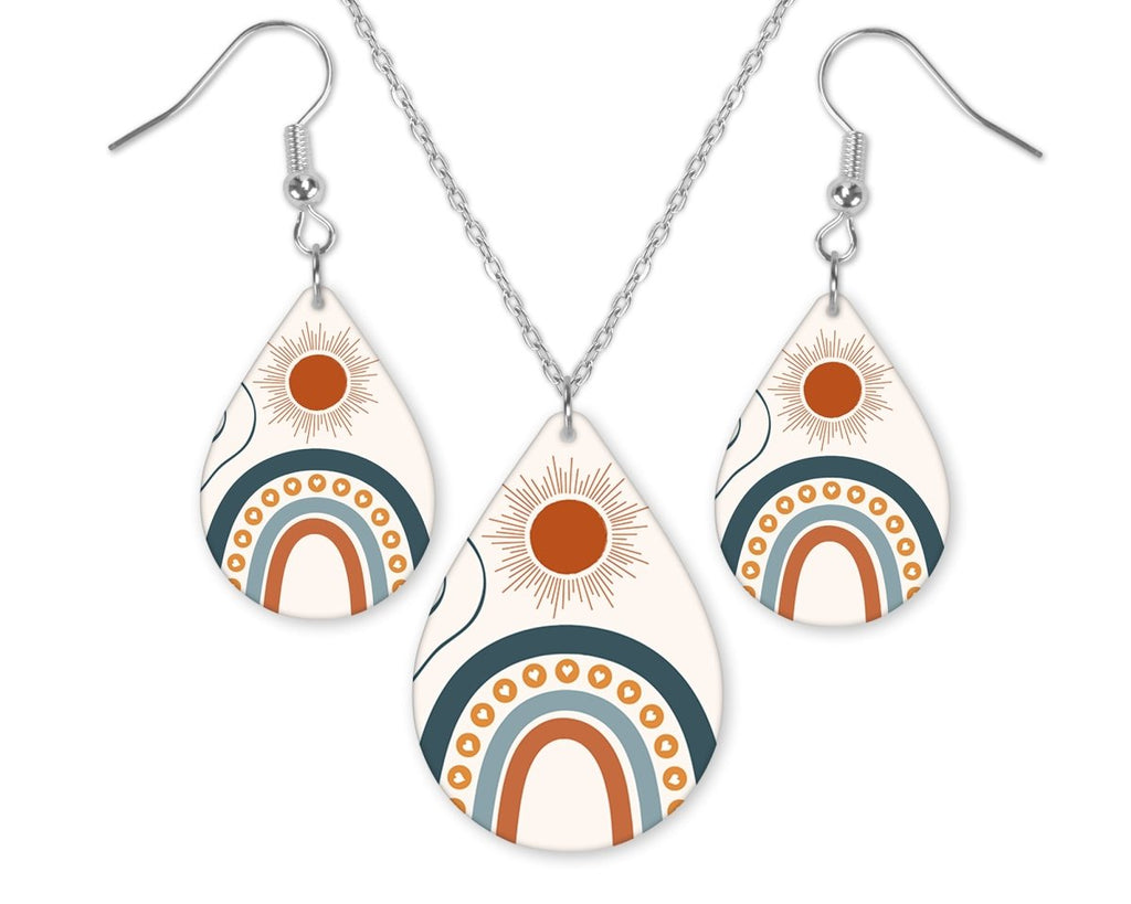 Boho Rainbow Sun Teardrop Earrings and Necklace Set - Sew Lucky Embroidery