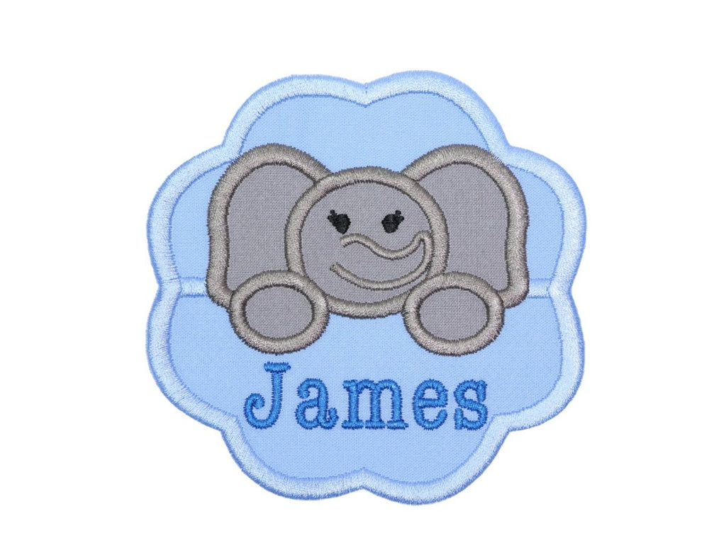 Boy Elephant with Blue Scallops Personalized Custom Sew on or Iron on Embroidered Patch - Sew Lucky Embroidery