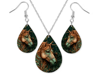 Bronze and Green Horse Earrings and Necklace Set - Sew Lucky Embroidery